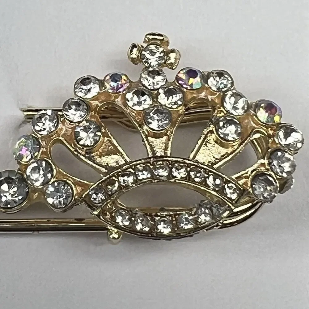 Gold Tone Princess Crown Safety Pin Brooch- Multi-colored Rhinestones
